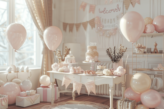 Célébration joyeuse pour l'arrivée d'un bébé avec des cadeaux et traditions