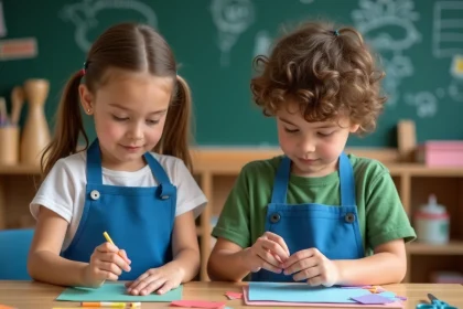 Deux enfants de 6 à 8 ans réalisent un collage en papier à une table de classe en bois, entourés de ciseaux de sécurité et de fournitures créatives colorées