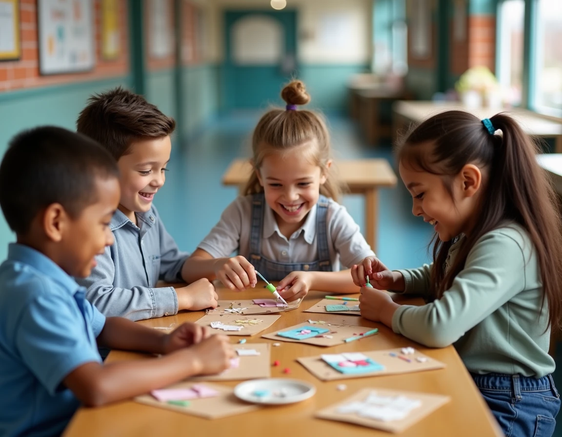 Trois enfants de différentes origines collaborent sur une mosaïque en papier dans un couloir scolaire, activité manuelle facile recommandée pour les 6-8 ans