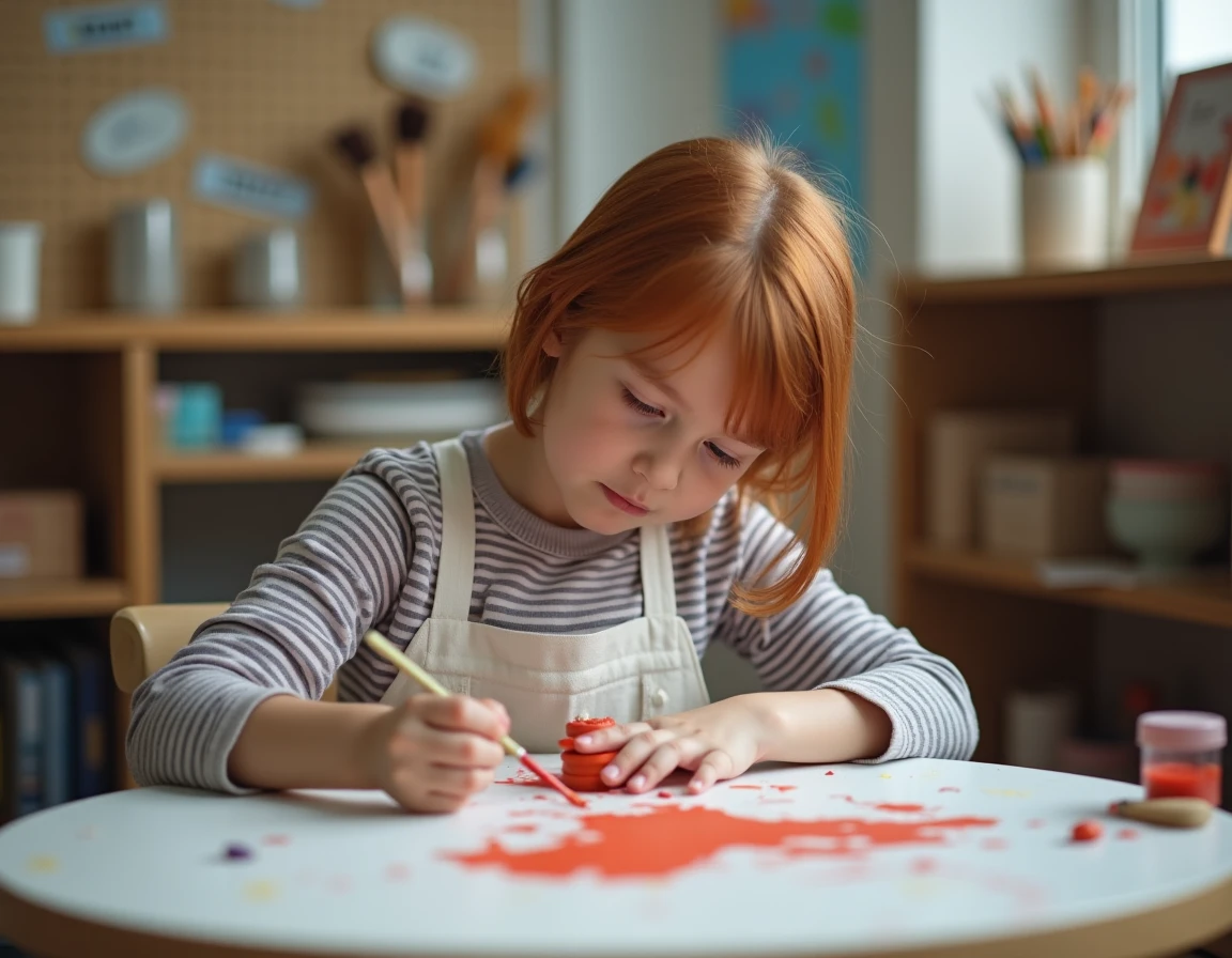 Une fillette de 7 ans peint un pot en argile avec de la peinture tempera rouge dans une salle d'art scolaire, activité manuelle validée par les enseignants