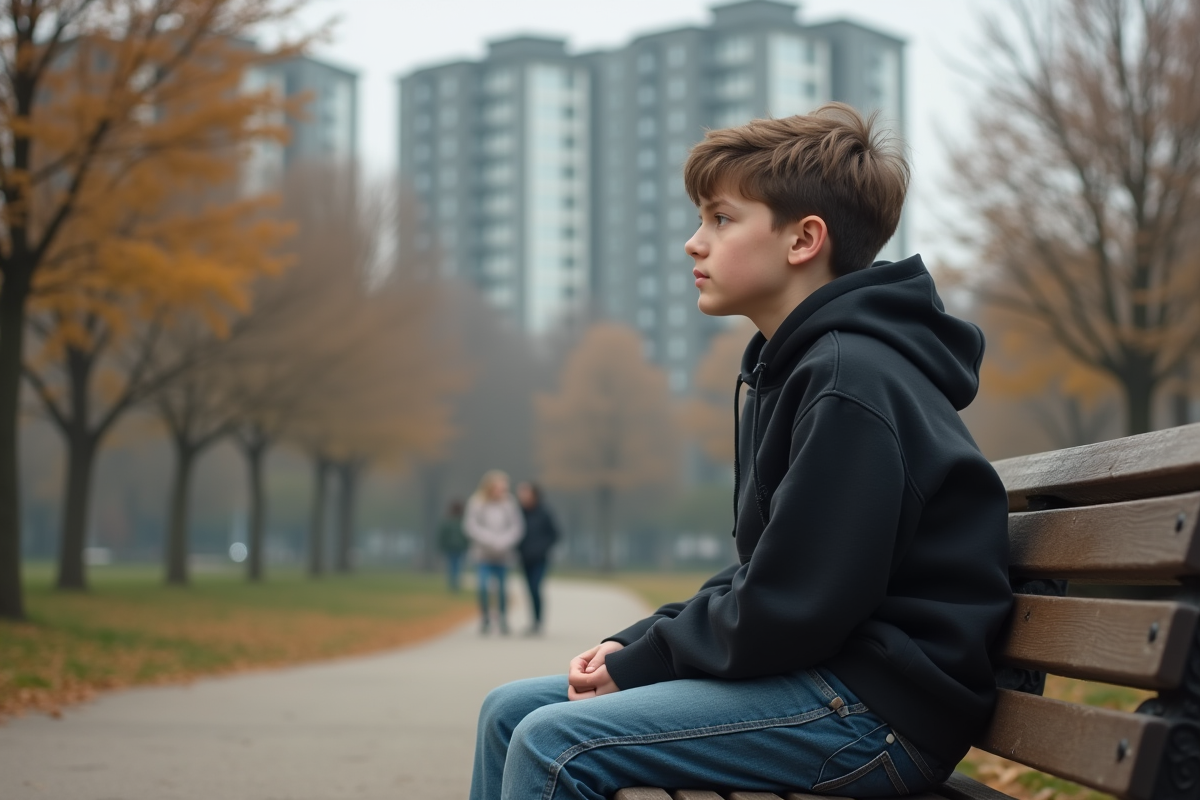 Adolescent assis seul sur un banc de parc en automne