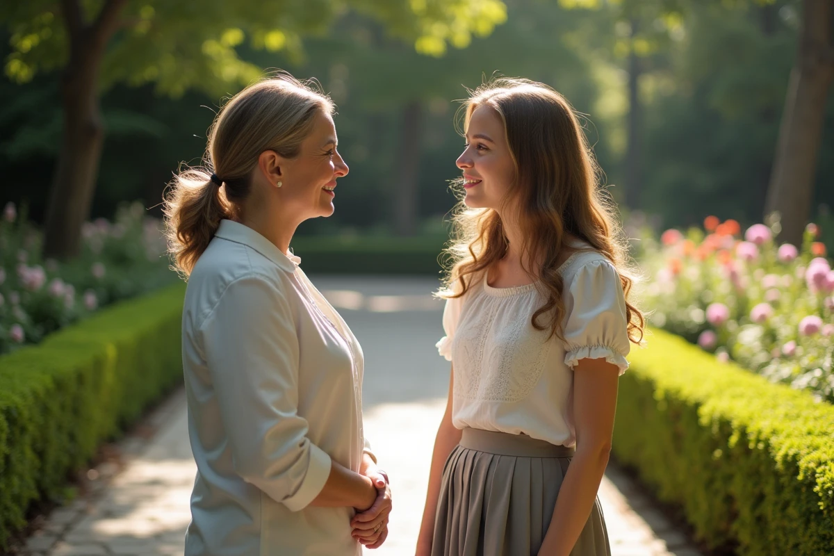 Adolescente parlant avec sa mère dans un jardin ensoleille