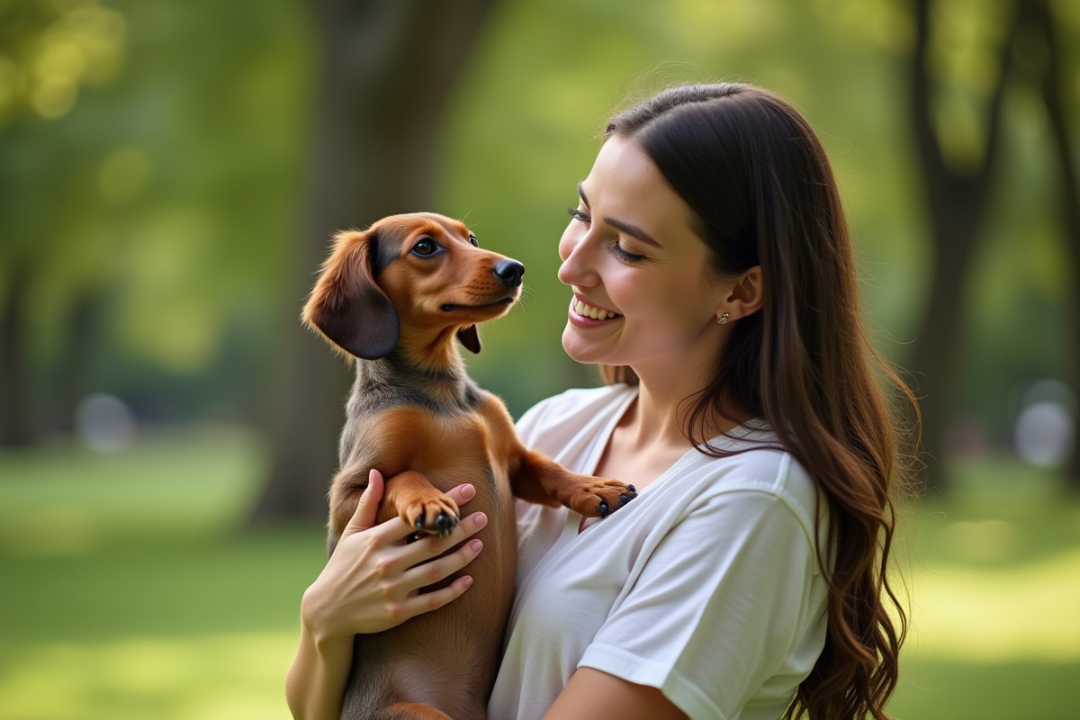 Jeune femme tenant un chiot merle dans un parc verdoyant