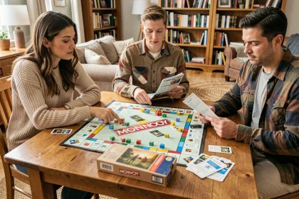 Groupe d'adultes jouant au Monopoly classique autour d'une table en bois, consultant les règles du jeu