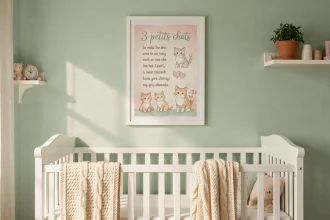 Affiche A4 encadrée des paroles de 3 petits chats accrochée au mur d'une chambre d'enfant décorée en vert menthe avec un lit bébé en bois blanc