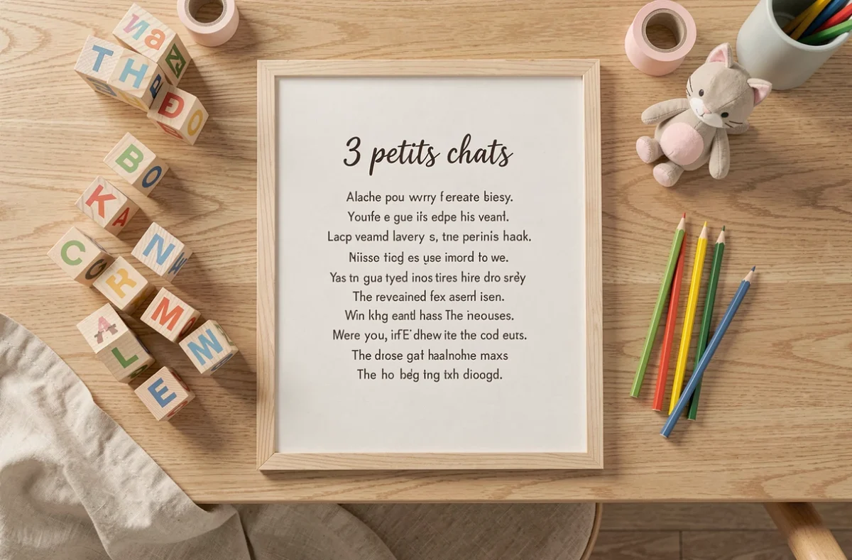 Vue de dessus d'une affiche A4 des paroles de 3 petits chats posée sur un bureau en bois entourée d'accessoires décoratifs pour enfant