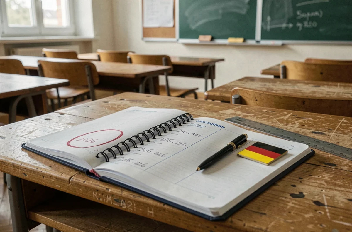 Agenda scolaire avec les dates des vacances officielles du Baden-Württemberg 2026 posé sur un bureau de classe allemand
