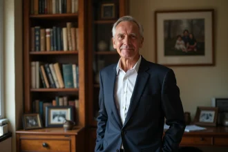 Portrait d'un homme discret en blazer marine dans un bureau familial chaleureux, entouré de photos de famille et de livres, illustration d'une révélation familiale sur André Louis Auzière