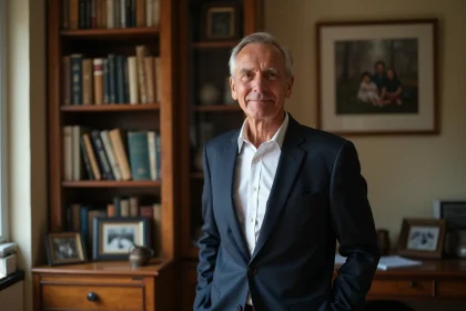 Portrait d'un homme discret en blazer marine dans un bureau familial chaleureux, entouré de photos de famille et de livres, illustration d'une révélation familiale sur André Louis Auzière
