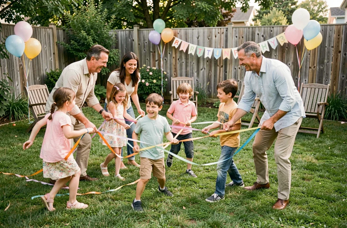 Activité animation anniversaire en plein air pour une famille recomposée dans un jardin
