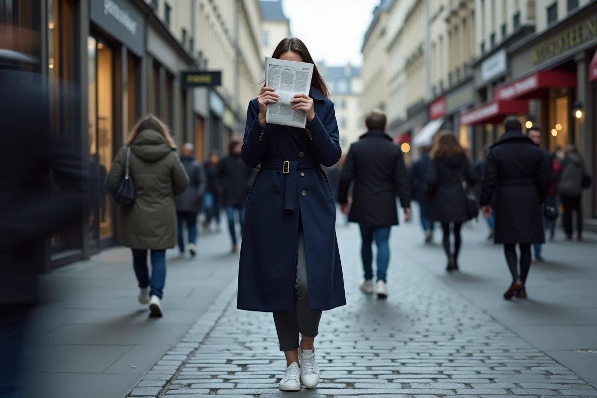 Femme masquant son visage dans une rue parisienne animée, illustrant le droit à l'anonymat et à la vie privée