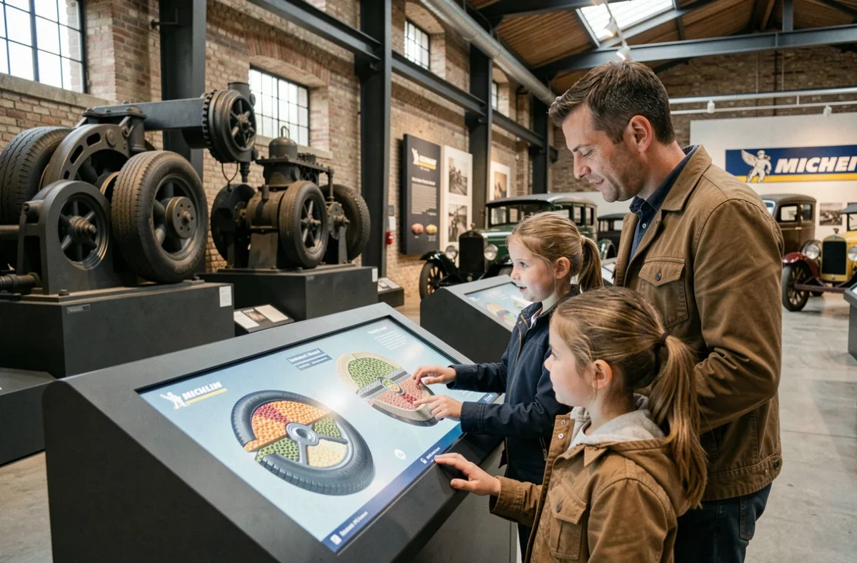 Père et fille explorant les expositions interactives de L'Aventure Michelin à Clermont-Ferrand