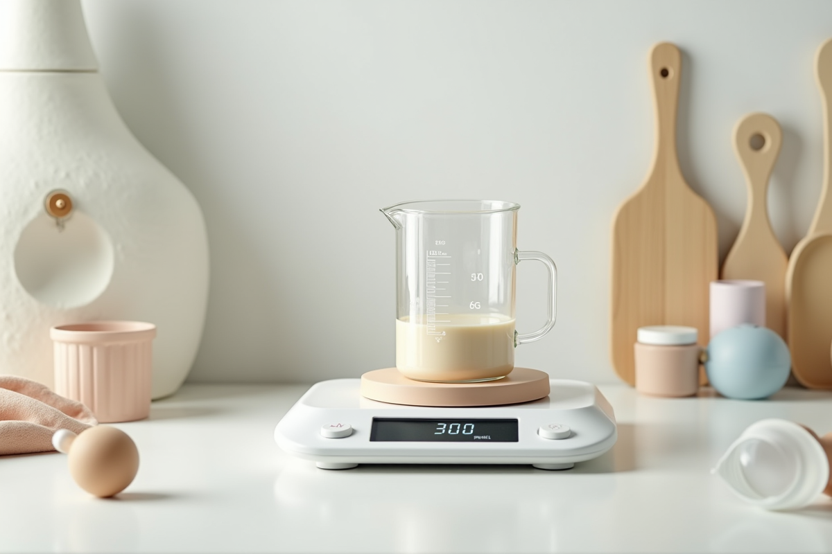 Balance digitale avec biberon et accessoires pour bébé dans la cuisine
