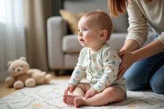 Bébé fille assise sur un tapis de jeu dans un salon familial