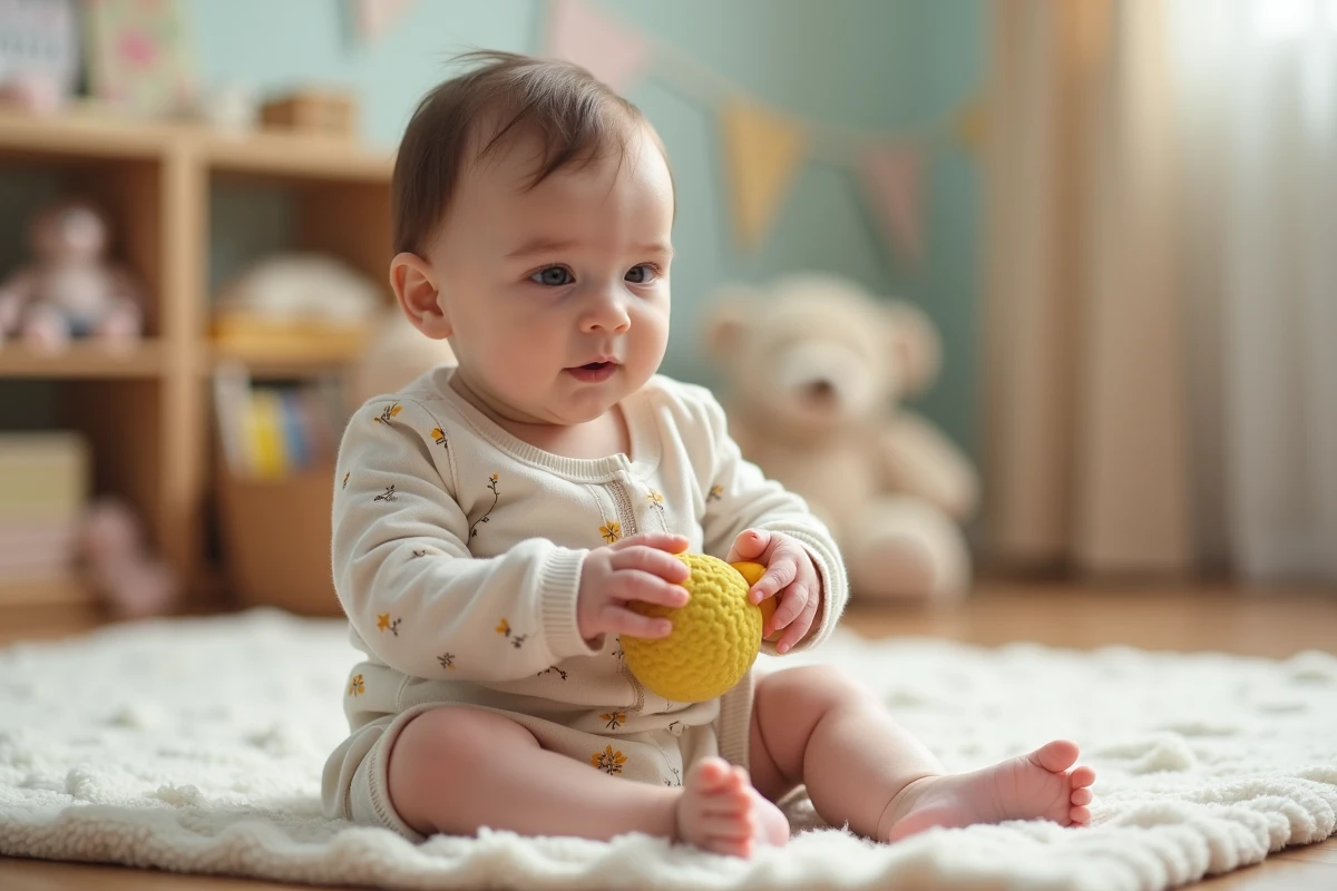 Bébé fille de 7 mois joue avec un hochet coloré dans une nurserie chaleureuse