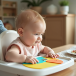 Bebe fille en robe pastel dans une chaise haute lumineuse