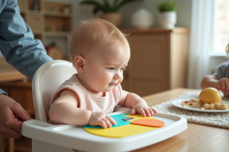 Bebe fille en robe pastel dans une chaise haute lumineuse