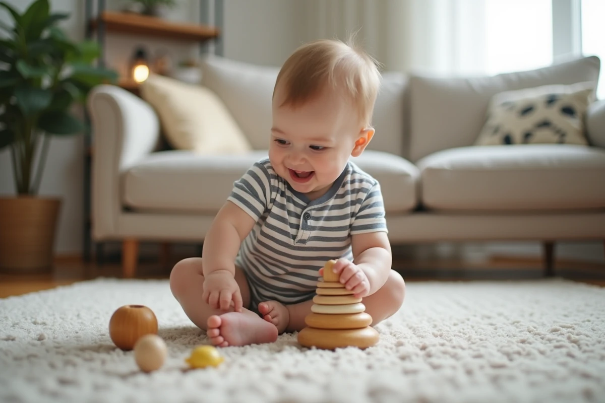 Bébé garçon de 7 mois explore un jouet à anneaux dans le salon