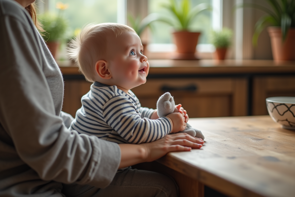 Bebe garcon assis sur le genou d’un parent dans la cuisine
