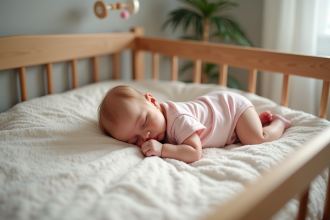Bébé fille endormie dans un lit en bois pastel
