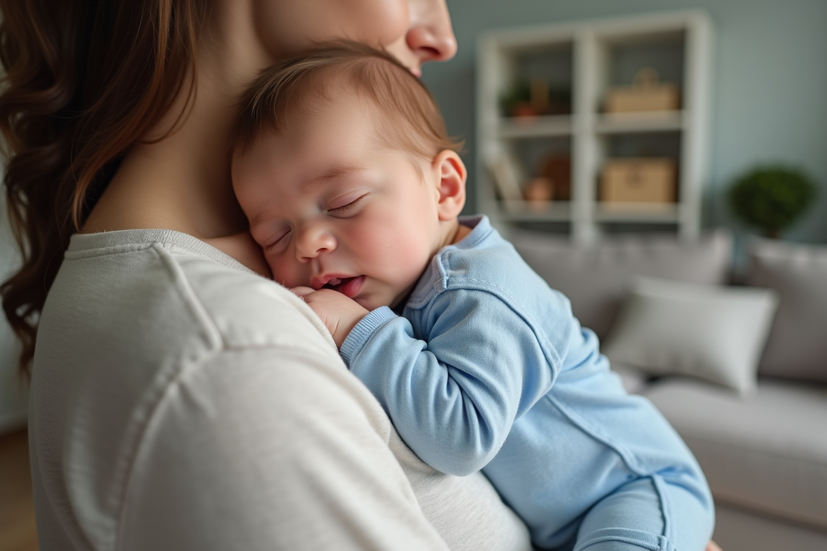 Bébé garçon porté contre sa mère en sommeil naturel