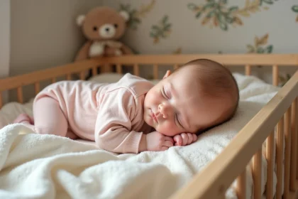 Bebe fille endormie dans un berceau en bois avec ambiance naturelle