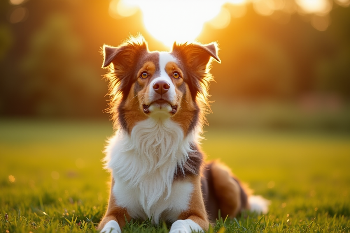Chien berger australien brun sur pelouse ensoleillée