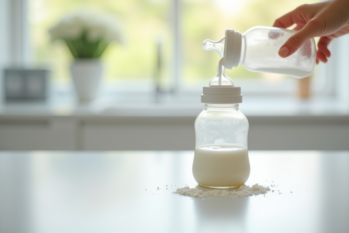 Biberon de lait pour bébé sur plan de travail blanc