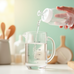 Biberon pour bébé rempli d'eau avec un pichet de mesure pastel