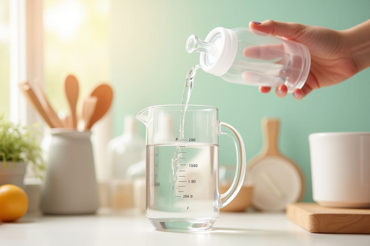 Biberon pour bébé rempli d'eau avec un pichet de mesure pastel