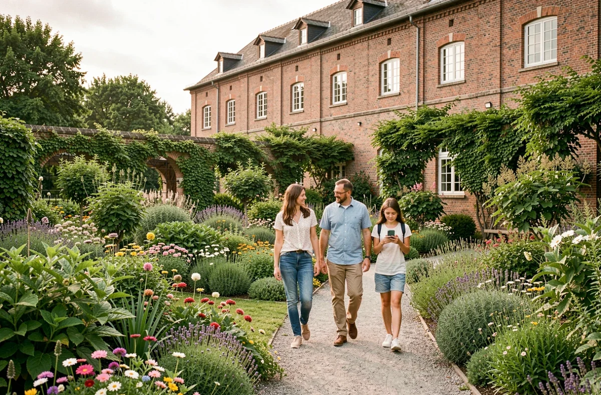 Famille se promenant dans les jardins botaniques du Parc de la Wesserling avec le bâtiment historique de l'ancienne filature en arrière-plan