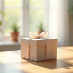 Coffret cadeau élégant avec ruban blanc sur table lumineuse