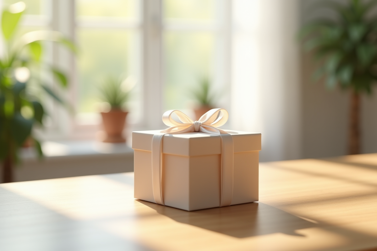 Coffret cadeau élégant avec ruban blanc sur table lumineuse
