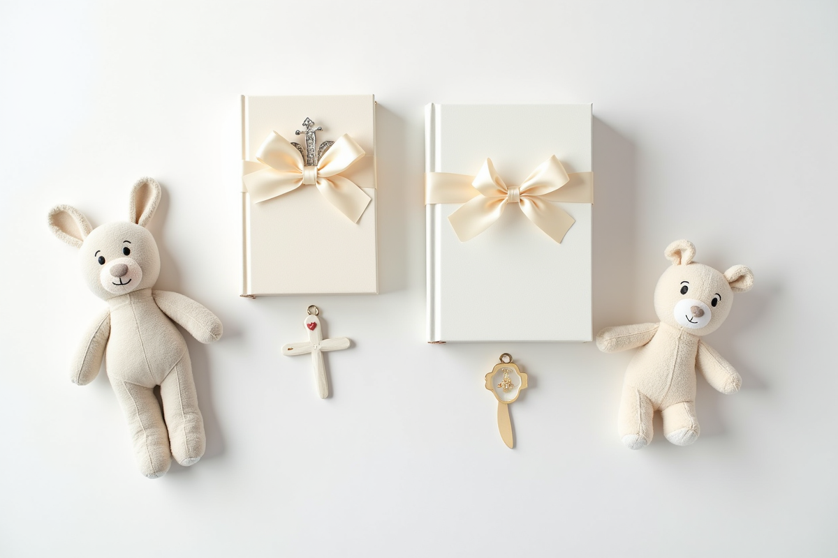 Groupe de cadeaux de bapteme pour enfant sur fond blanc