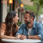 Homme et femme souriants discutant au café en plein air