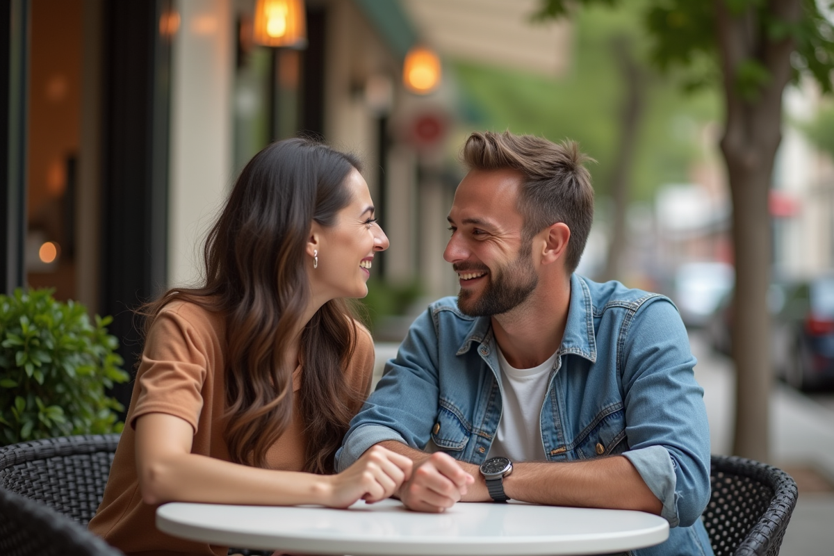 Homme et femme souriants discutant au café en plein air