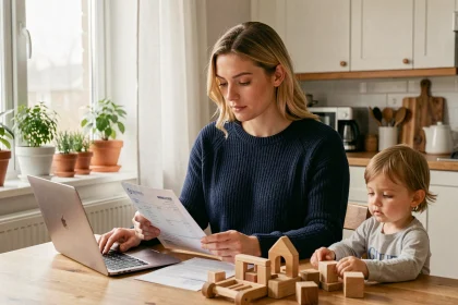 Nounou assise à une table de cuisine consultant un bulletin de salaire et un ordinateur portable, avec un enfant en bas âge jouant à proximité, illustrant le calcul de salaire mensuel pour une année complète