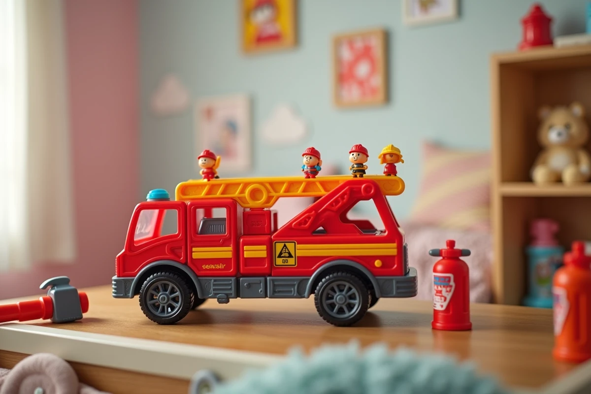 Camion de pompier jouet avec échelle et accessoires de jeu de rôle pompier exposés sur une étagère dans une chambre d'enfant