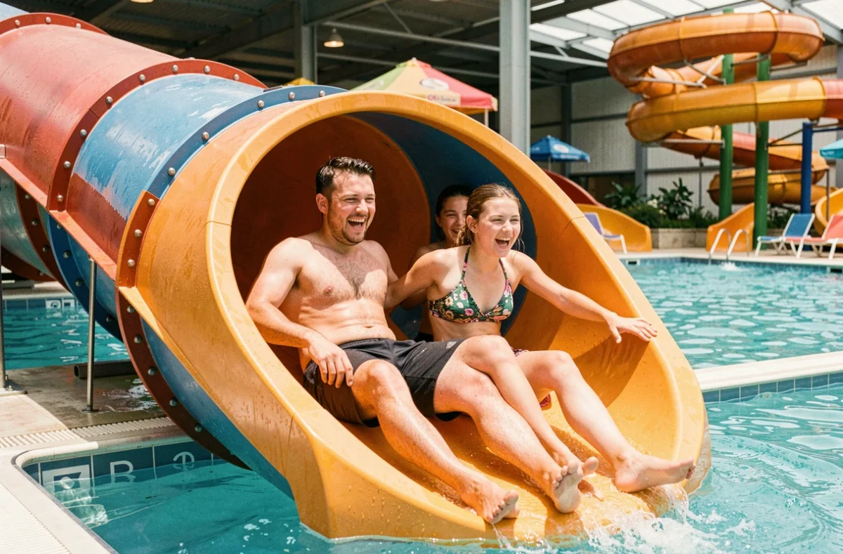 Père et deux adolescents profitant des toboggans aquatiques colorés du parc aquatique Cap2Fun à Mulhouse