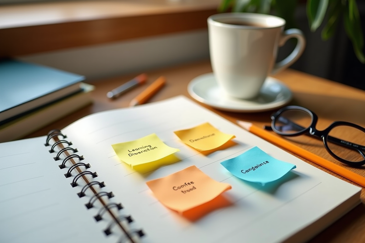 Carnet ouvert avec postit et stylos sur bureau en lumière naturelle