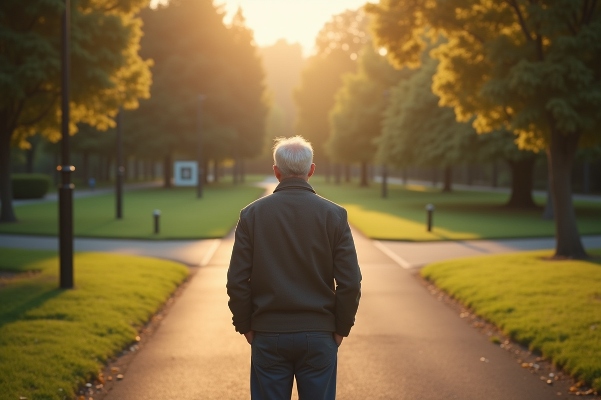 Adulte mature seul au carrefour dans un parc paisible