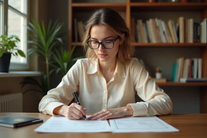 Femme remplissant un formulaire administratif de changement de nom avec un passeport et un acte de mariage sur le bureau