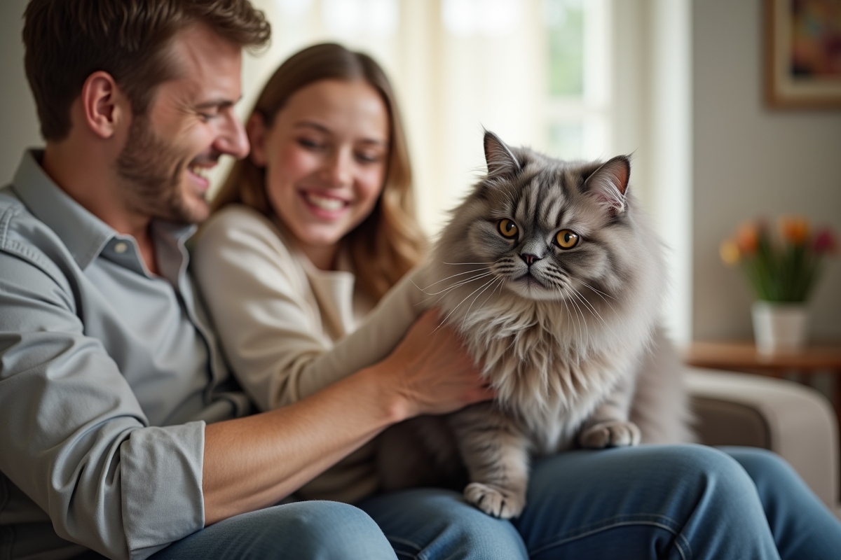 Chat persan chinchilla caressé par une famille souriante