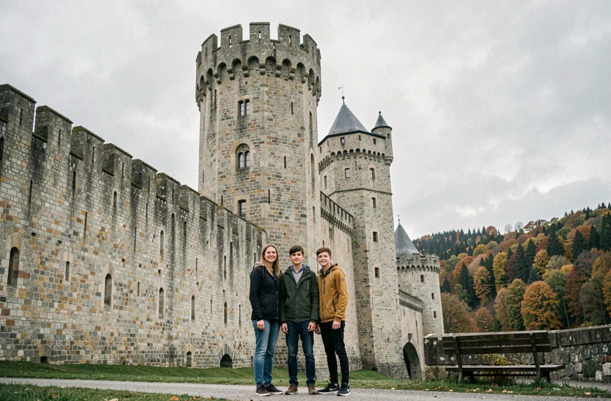 Famille devant les remparts médiévaux imposants du Château du Haut-Koenigsbourg en Alsace en automne