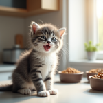 Chaton gris et blanc sur un plan de cuisine lumineux