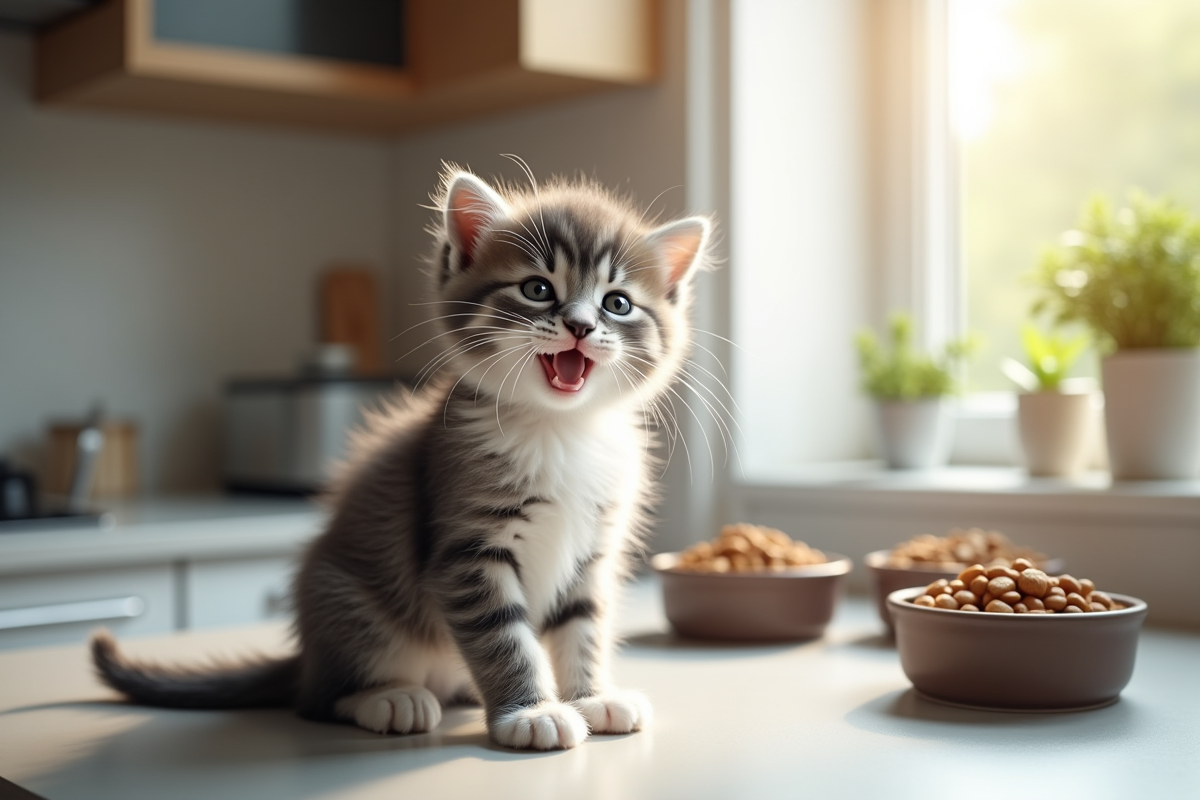 Chaton gris et blanc sur un plan de cuisine lumineux