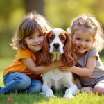 Cocker spaniel anglais avec enfants dans le jardin ensoleille
