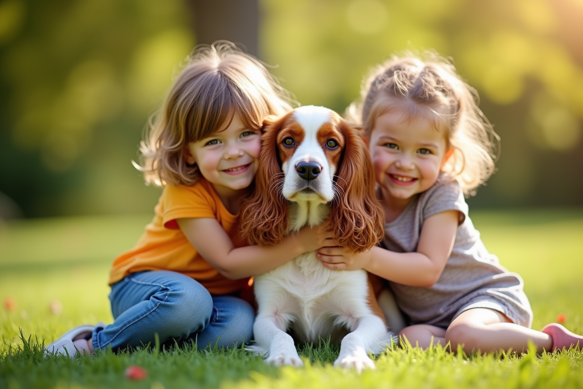 Cocker spaniel anglais avec enfants dans le jardin ensoleille