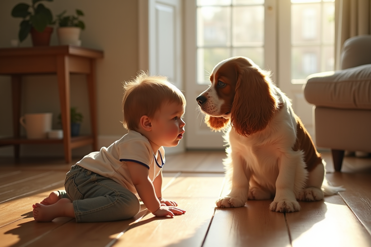 Cocker spaniel et enfant jouant dans la maison ensoleillee