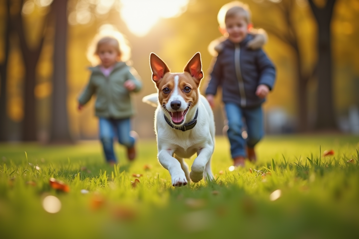 Jack Russell courant avec des enfants dans un parc